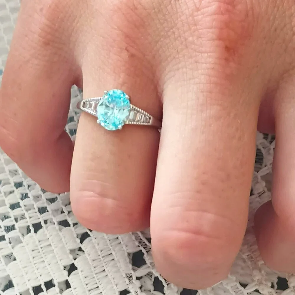 IBB 925 Light Blue Ring 7 Sterling Silver Solitaire with Clear Baguettes